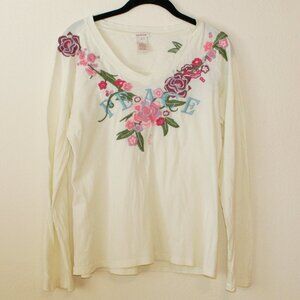 Sundance Floral & PEACE Embroidered Off White Long Sleeve Knit Top
